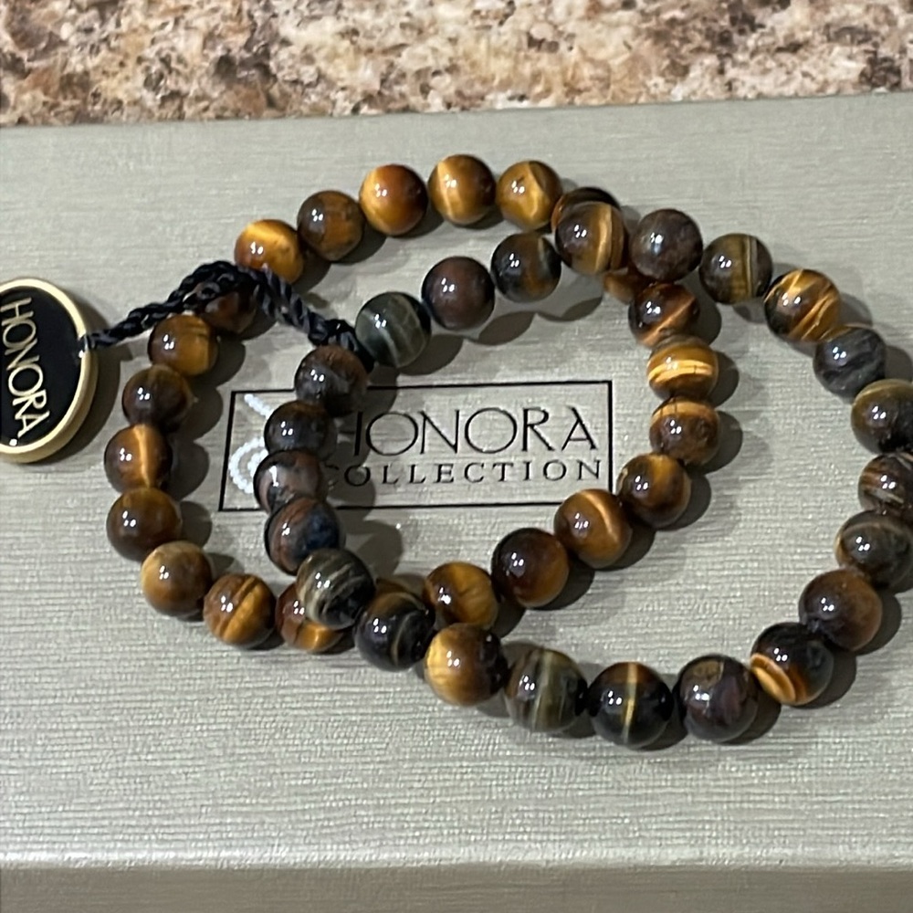 NWT Cultured Pearl aTiger-eye Color Pearls Stretch Two Bracelets